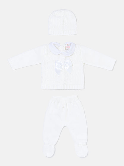 Baby Girl Lace Trim Front Bow Knitted 3-piece Gift Box Set - White