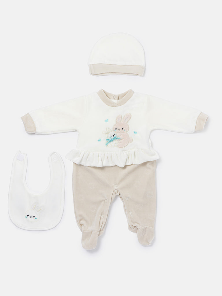 Velour Baby Grow for Girls with Bib & Hat Vitoria Collection - Beige