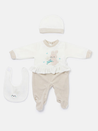 Velour Baby Grow for Girls with Bib & Hat Vitoria Collection - Beige