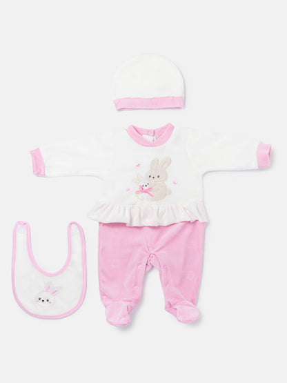 Velour Baby Grow for Girls with Bib & Hat Vitoria Collection - Baby Pink