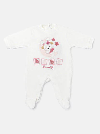 Velour Baby Grow for Girls with Bunny & Moon Oriana Collection - White