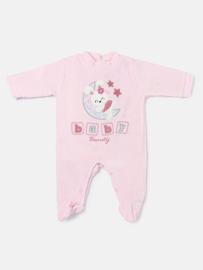 Velour Baby Grow for Girls with Bunny & Moon Oriana Collection - Baby Pink