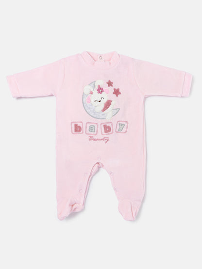 Velour Baby Grow for Girls with Bunny & Moon Oriana Collection - Baby Pink