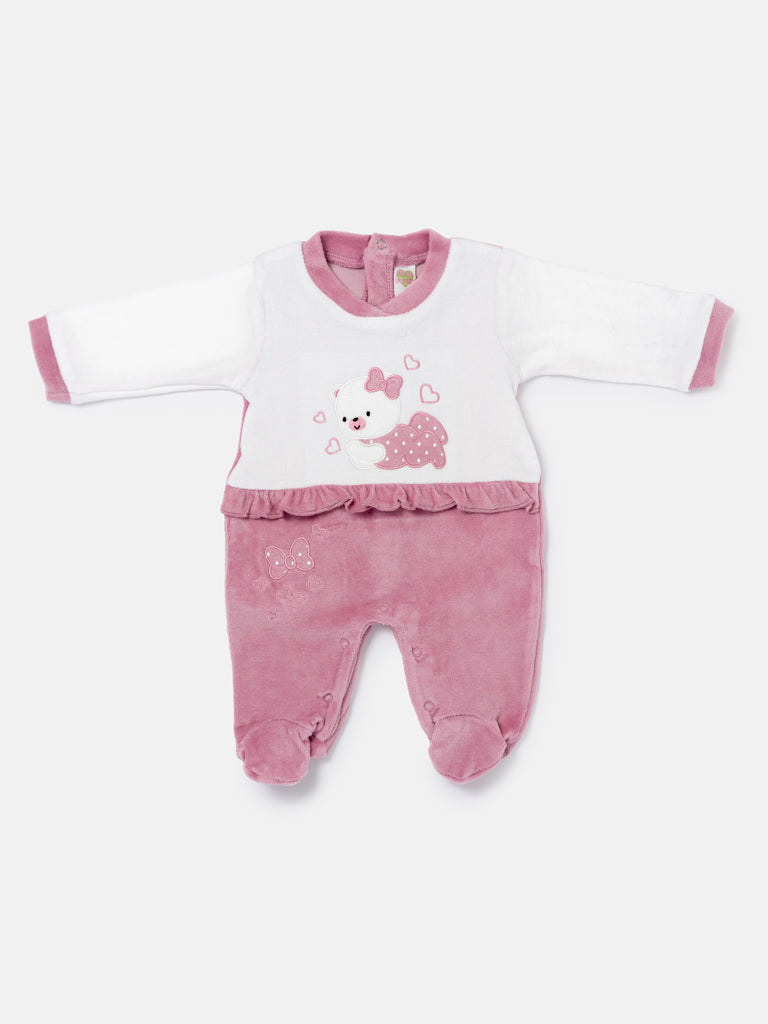 Velour Baby Grow for Girls with Teddy & Heart Clarissa Collection - Dusty Pink