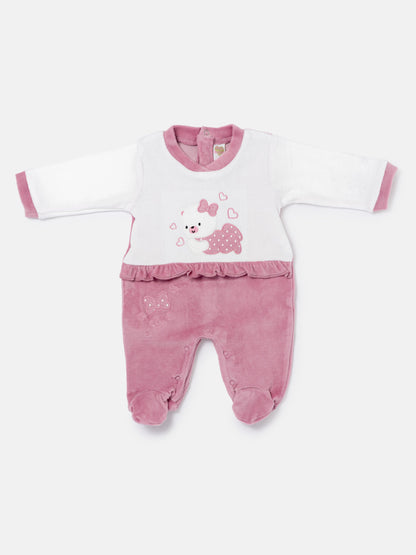 Velour Baby Grow for Girls with Teddy & Heart Clarissa Collection - Dusty Pink