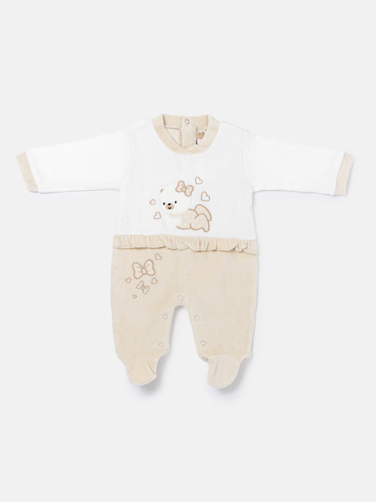 Velour Baby Grow for Girls with Teddy & Heart Clarissa Collection - Beige