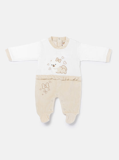 Velour Baby Grow for Girls with Teddy & Heart Clarissa Collection - Beige