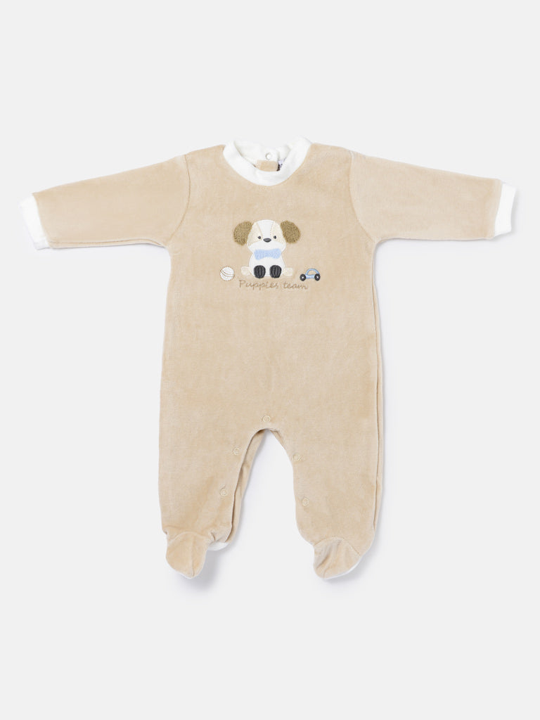 Velour Baby Grow for Boys with Puppy Design Rocco Collection - Beige