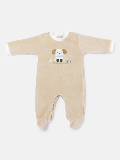 Velour Baby Grow for Boys with Puppy Design Rocco Collection - Beige