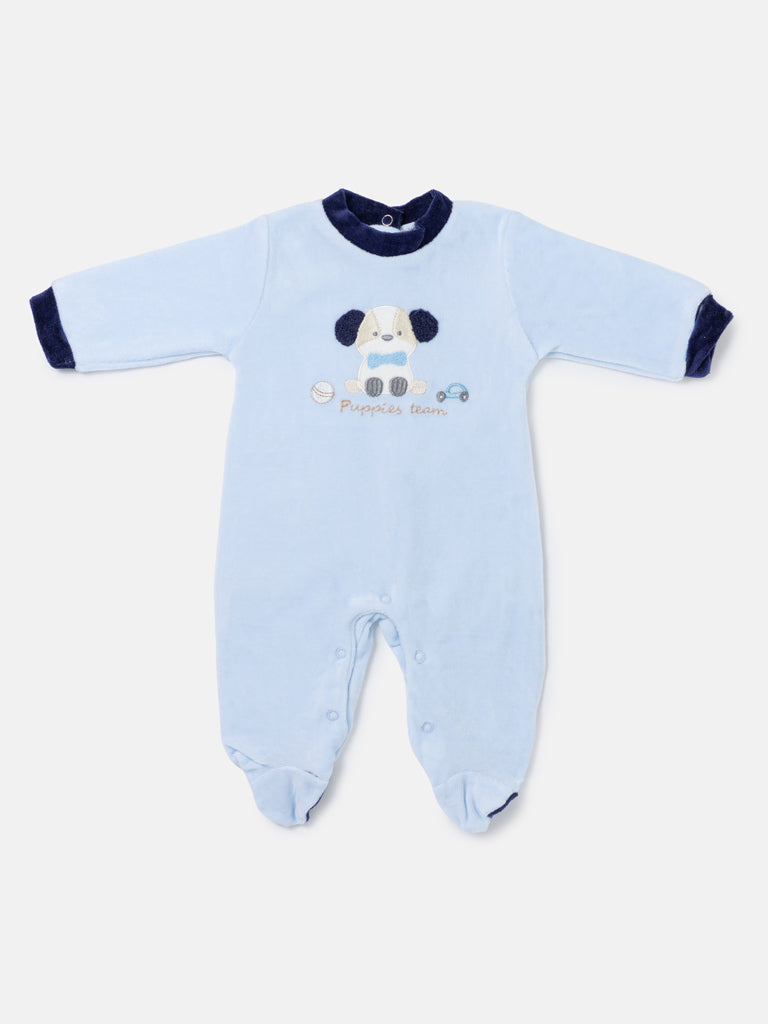 Velour Baby Grow for Boys with Puppy Design Rocco Collection - Baby Blue