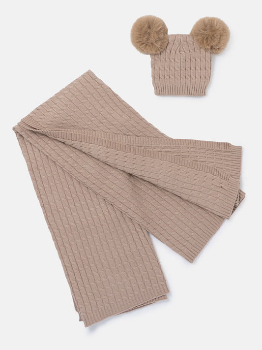 Baby Cable Knit Blanket & Double Pom-Pom Hat Set - Chocolate Brown