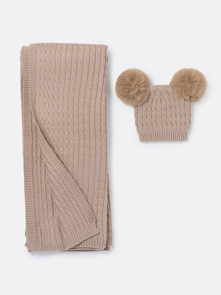Baby Cable Knit Blanket & Double Pom-Pom Hat Set - Chocolate Brown