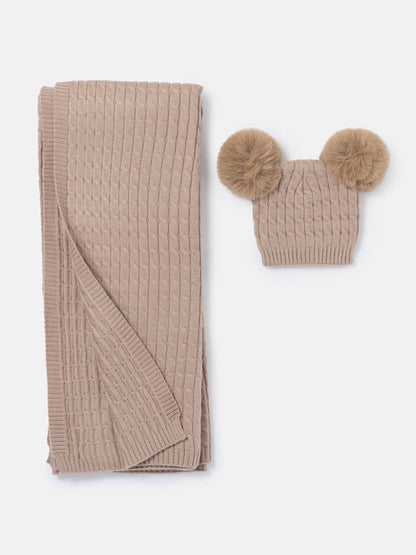 Baby Cable Knit Blanket & Double Pom-Pom Hat Set - Chocolate Brown
