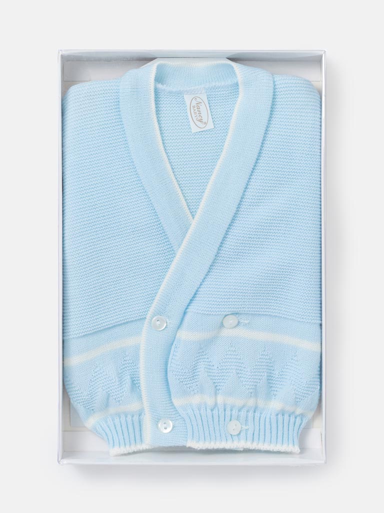 Baby Knitted Cardigan with Zigzag Pattern Detail & Gift Box - Baby Blue & White