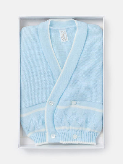 Baby Knitted Cardigan with Zigzag Pattern Detail & Gift Box - Baby Blue & White