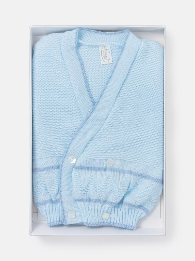 Baby Knitted Cardigan with Zigzag Pattern Detail & Gift Box - Baby Blue & Dark Blue