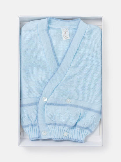 Baby Knitted Cardigan with Zigzag Pattern Detail & Gift Box - Baby Blue & Dark Blue