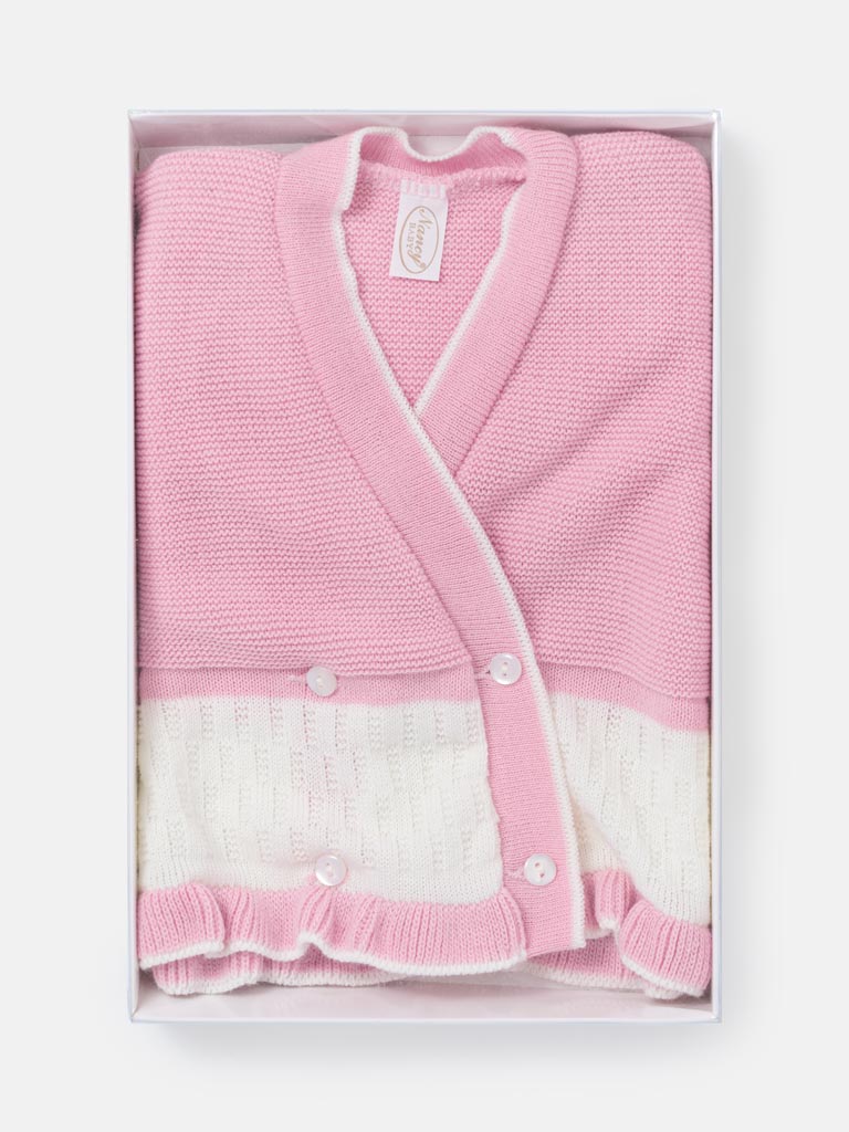 Baby Knitted Cardigan with Two-Tone Patterned Detail & Gift Box - Dusty Pink & White
