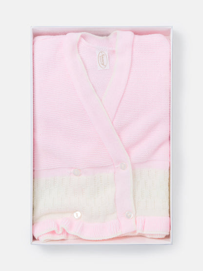 Baby Knitted Cardigan with Two-Tone Patterned Detail & Gift Box - Baby Pink & Ivory