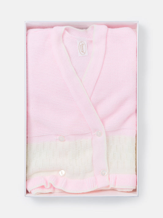 Baby Knitted Cardigan with Two-Tone Patterned Detail & Gift Box - Baby Pink & Ivory