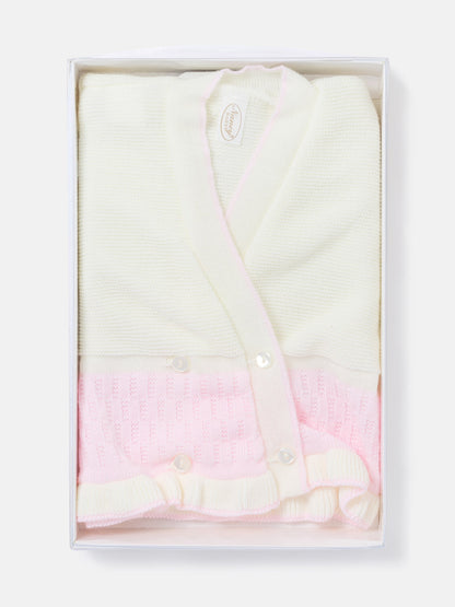 Baby Knitted Cardigan with Two-Tone Patterned Detail & Gift Box - Ivory & Baby Pink
