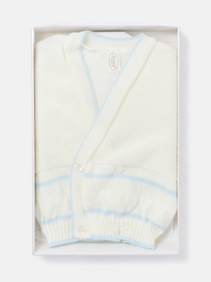Baby Knitted Cardigan with Zigzag Pattern Detail & Gift Box - White & Baby Blue