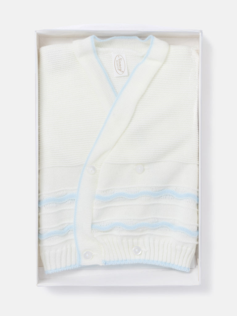 Baby Knitted Cardigan with Wavy Stripe Detail & Gift Box - White & Baby Blue