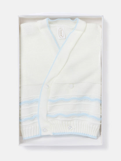 Baby Knitted Cardigan with Wavy Stripe Detail & Gift Box - White & Baby Blue