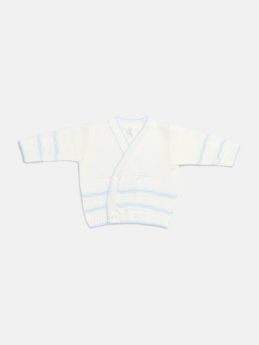 Baby Knitted Cardigan with Wavy Stripe Detail & Gift Box - White & Baby Blue