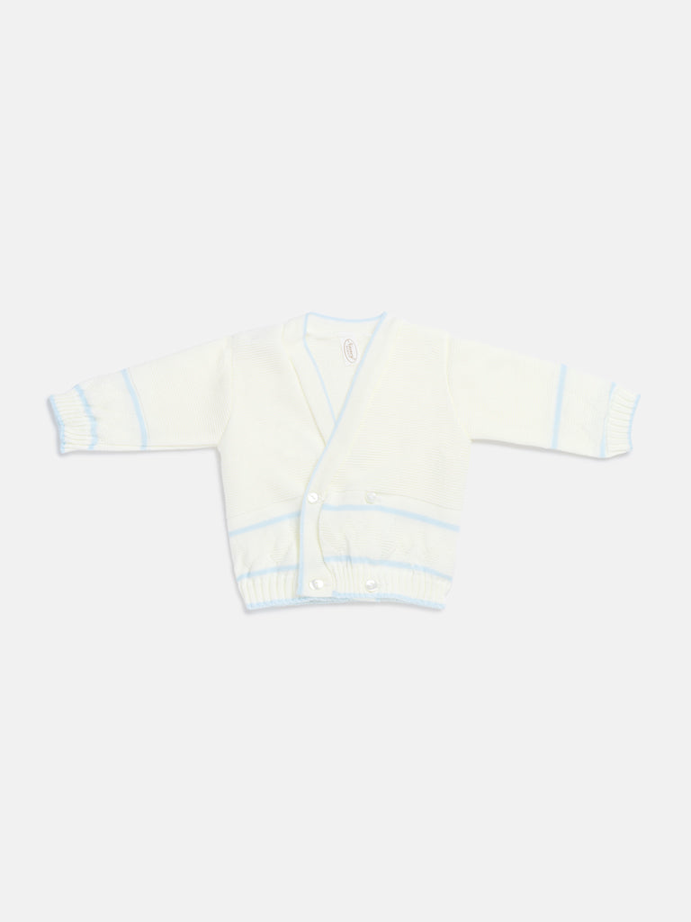 Baby Knitted Cardigan with Zigzag Pattern Detail & Gift Box - White & Baby Blue