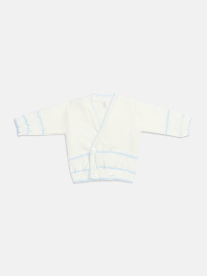 Baby Knitted Cardigan with Zigzag Pattern Detail & Gift Box - White & Baby Blue
