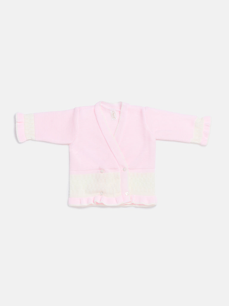Baby Knitted Cardigan with Two-Tone Patterned Detail & Gift Box - Baby Pink & Ivory