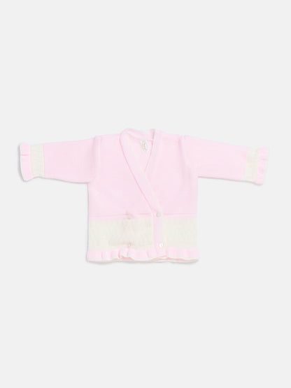 Baby Knitted Cardigan with Two-Tone Patterned Detail & Gift Box - Baby Pink & Ivory