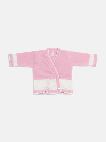 Baby Knitted Cardigan with Two-Tone Patterned Detail & Gift Box - Dusty Pink & White