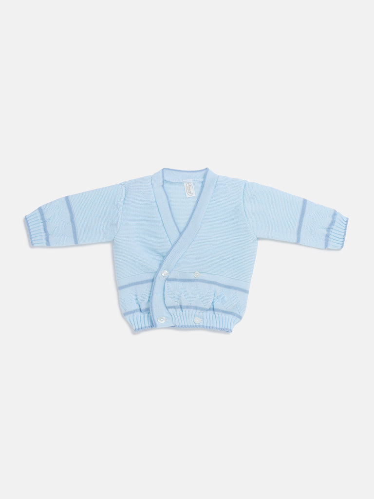 Baby Knitted Cardigan with Zigzag Pattern Detail & Gift Box - Baby Blue & Dark Blue