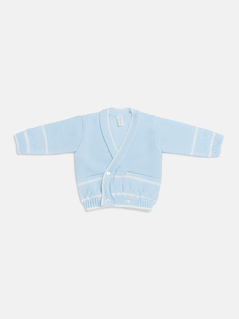 Baby Knitted Cardigan with Zigzag Pattern Detail & Gift Box - Baby Blue & White