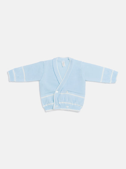 Baby Knitted Cardigan with Zigzag Pattern Detail & Gift Box - Baby Blue & White