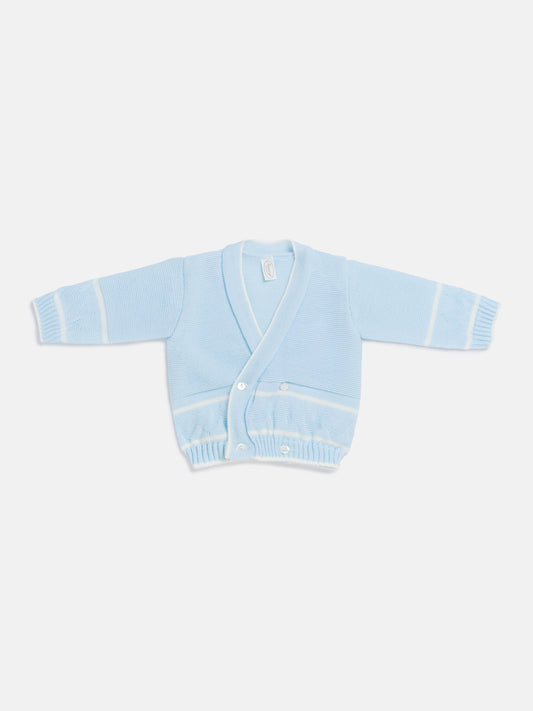 Baby Knitted Cardigan with Zigzag Pattern Detail & Gift Box - Baby Blue & White