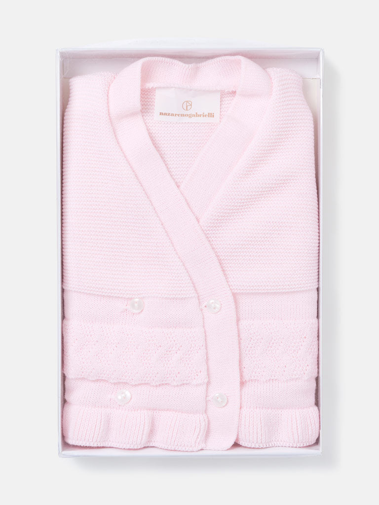 Baby Knitted Cardigan with Textured Pattern Detail & Gift Box - Baby Pink