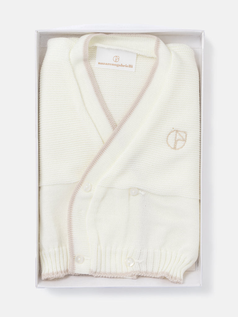 Baby Knitted Cardigan with Embroidered Detail & Gift Box - Ivory & Light Brown