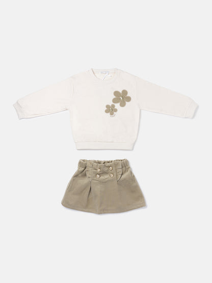Baby Girl Fiorella Collection 2-Piece Set with Velvet Skirt - Beige