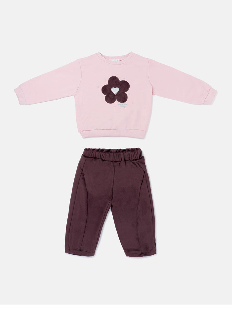 Baby Girl Allegra Collection 2-Piece Tracksuit Set with Flower Design - Chocolate Brown
