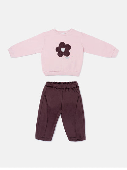 Baby Girl Allegra Collection 2-Piece Tracksuit Set with Flower Design - Chocolate Brown
