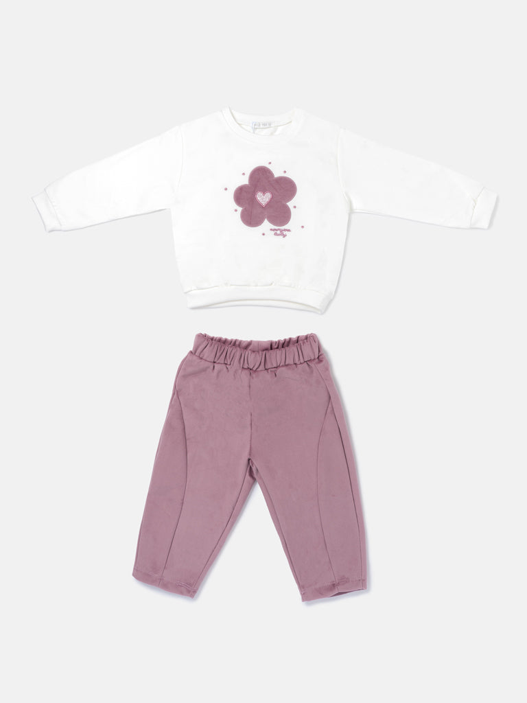 Baby Girl Allegra Collection 2-Piece Tracksuit Set with Flower Design - Dusty Pink