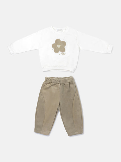 Baby Girl Allegra Collection 2-Piece Tracksuit Set with Flower Design - Beige