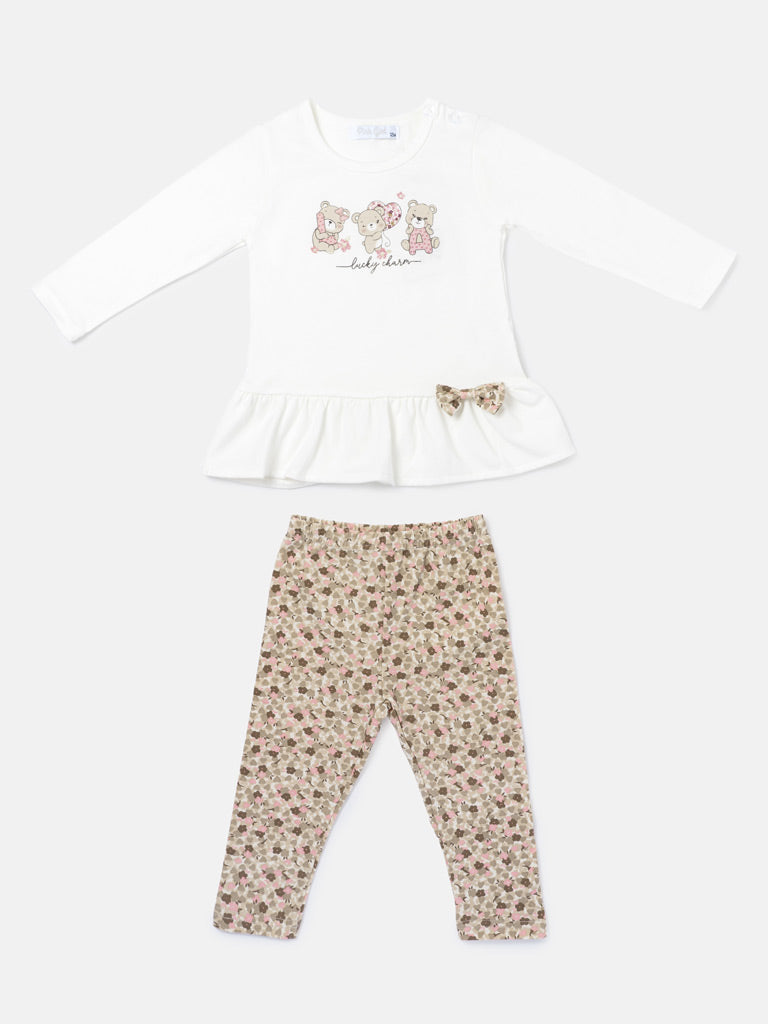 Baby Girl 2-Piece Leggings Set with Floral Teddies Anamaria Collection - White