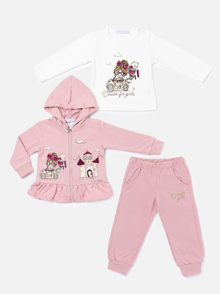 Baby Girl Luce Collection 3-Piece Hooded Tracksuit Set with Castle Design - Pink