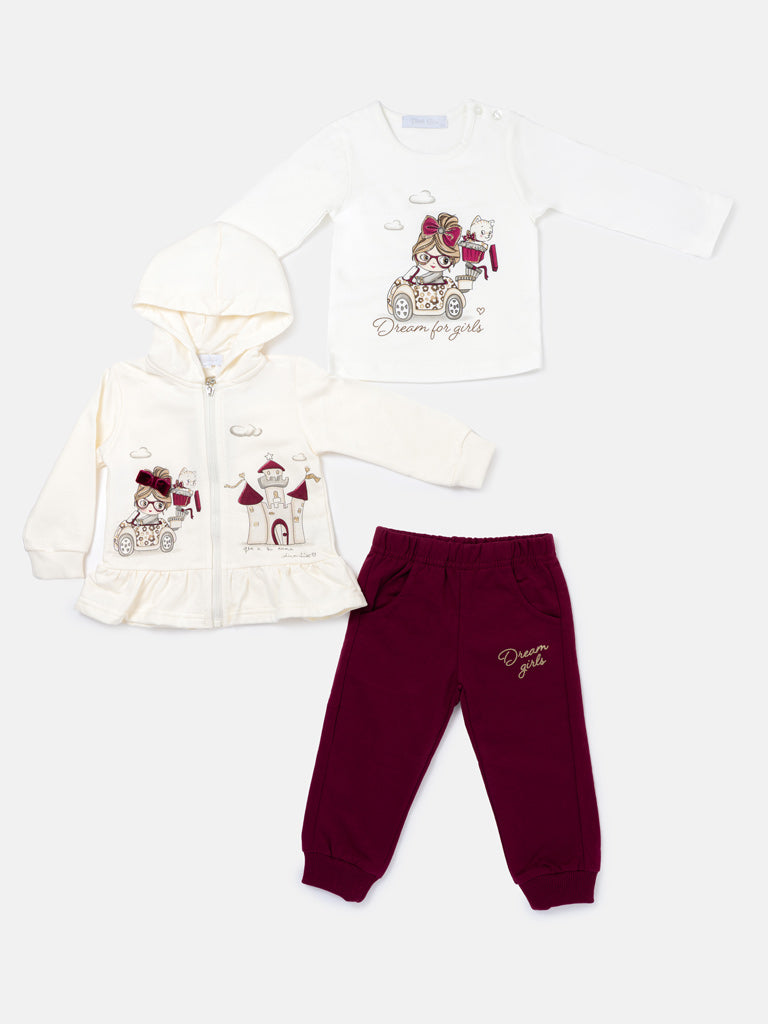Baby Girl Luce Collection 3-Piece Hooded Tracksuit Set with Castle Design - Cherry Red
