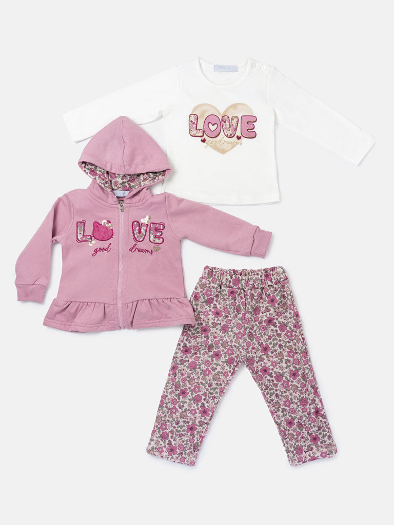 Baby Girl Fiorenza Collection 3-Piece Hooded Tracksuit Set with Floral Design - Pink