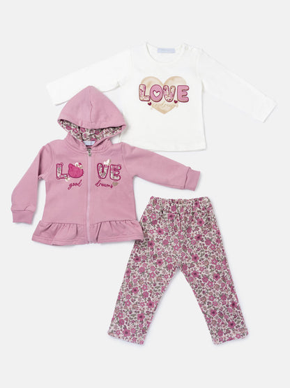 Baby Girl Fiorenza Collection 3-Piece Hooded Tracksuit Set with Floral Design - Pink